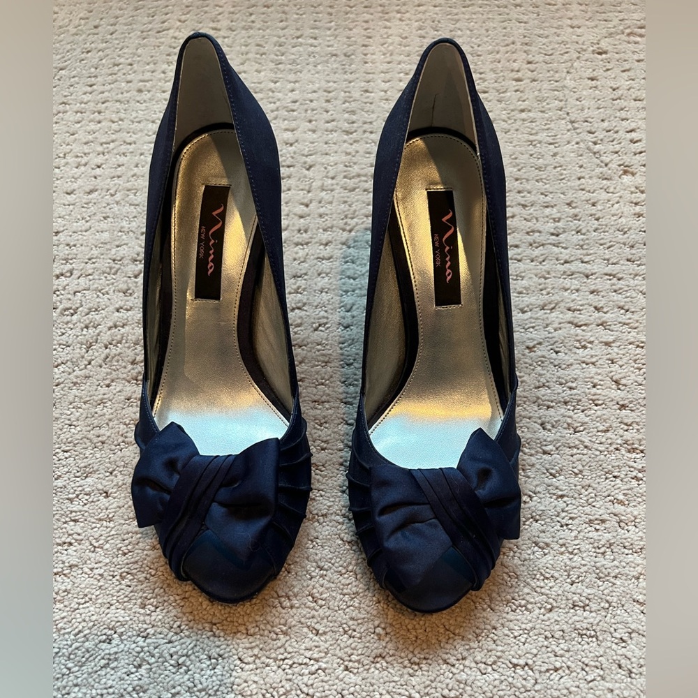 Navy Blue Satin Peep-Toe Heels, Size 8.5M
